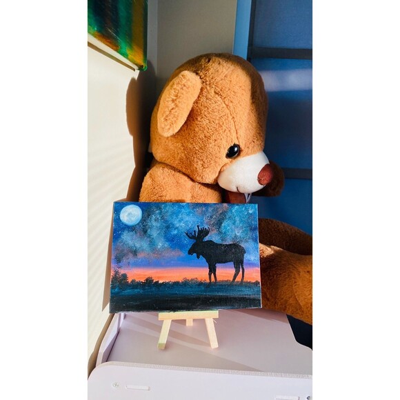 Elk Painting Starry Night Galaxy Art 5x7" Original Fine Art Hardboard Oil - Picture 3 of 8